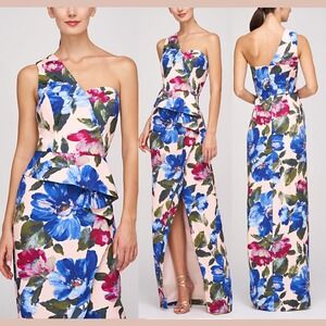 NEW $328 Kay Unger [ 10 ] Laurel One Shoulder Floral Ruffle Side Gown Pink S2043